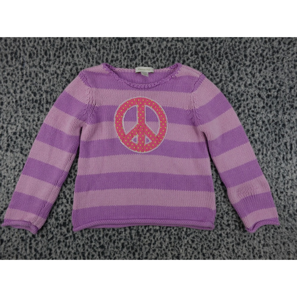 Garnet Hill Girls S Purple Striped‎ Peace Sign Cotton Knit Sweater Long Sleeve